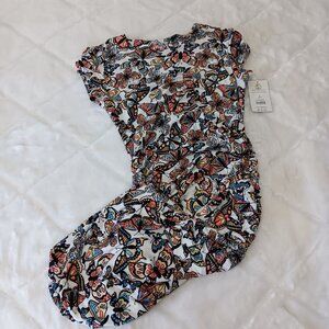 Butterfly pattern side ruched t-shirt dress